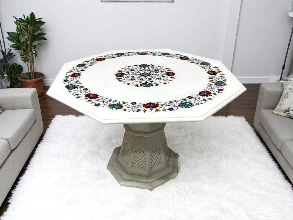 Handcrafted Marble Inlay Side Table with Stand Base